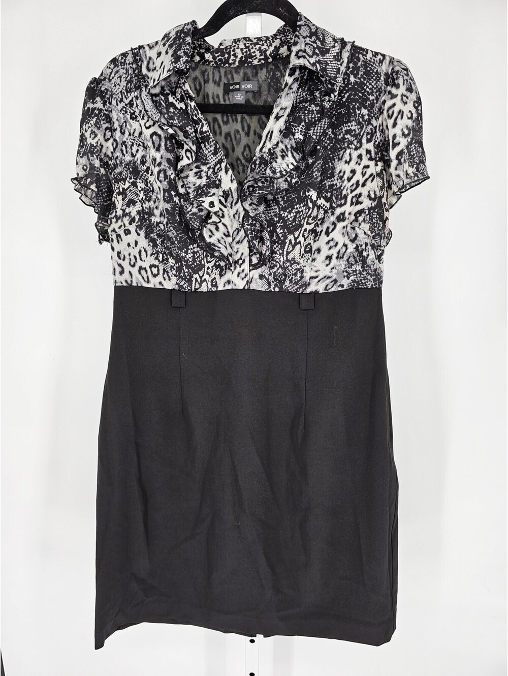 Voir Voir Women's Black Short Sleeve V-neck Ruffle Knee Length Dress Size 12